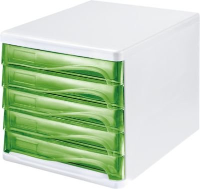 Schubladenbox helit mit 5 Schüben für DIN A4, Gehäuse weiß und Schubladen grün transparent, B/T/H: 26,5 x 34,0 x 25,0 cm - Bild 1