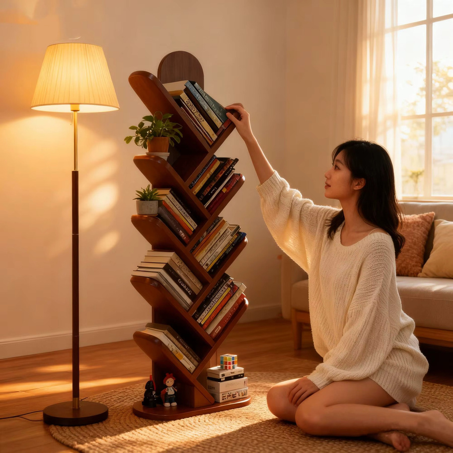XIUWO Baum-Bücherregal aus massivem Holz in Braun und Weiß, modernes offenes Lagerregal für Wohnzimmer und Heimbüro - Bild 4