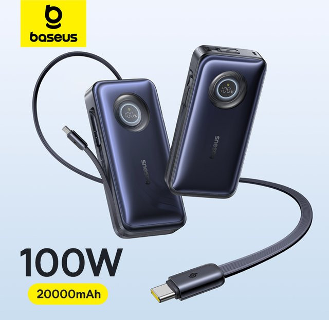 Baseus EnerCore CR11 Powerbank 20000 mAh 100W mit einziehbarem USB-C-Kabel Cosmic Black - Bild 2