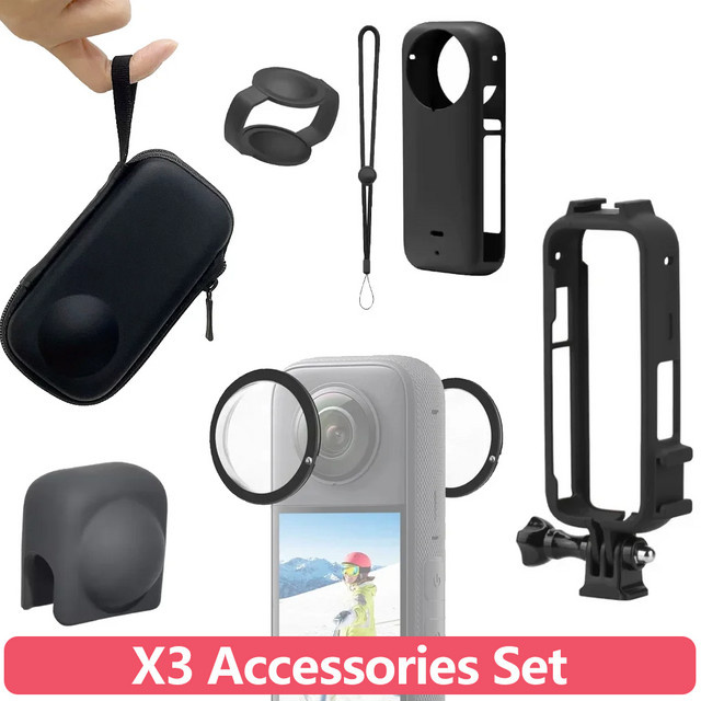 Insta360 X3 Zubehör Set in Schwarz mit Objektivschutz, Tragetasche, Silikonhülle und Objektivschutzkappen - Bild 1