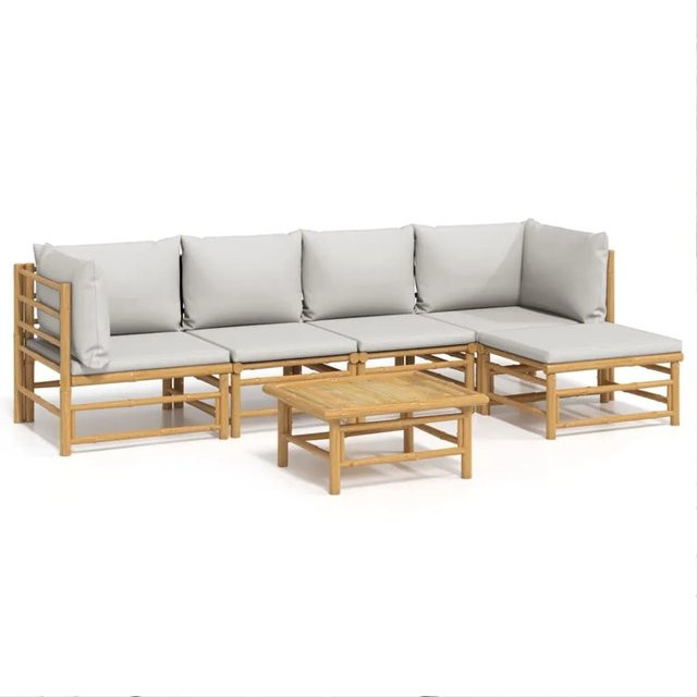 vidaXL 6-tlg Garten-Lounge-Set aus Bambus mit hellgrauen Polstern in L-Form - Bild 1