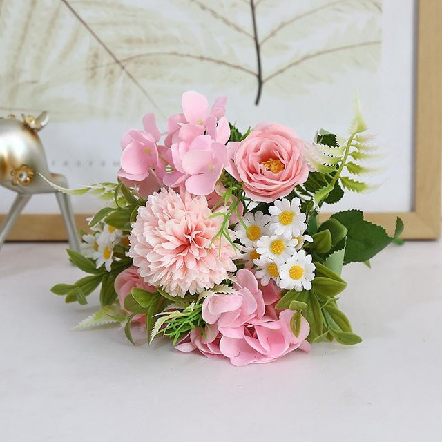 Lichao Künstlicher Blumenstrauß aus Seide in Pink mit Hortensien und Löwenzahn für deine Heim- und Hochzeitsdekoration - Bild 1