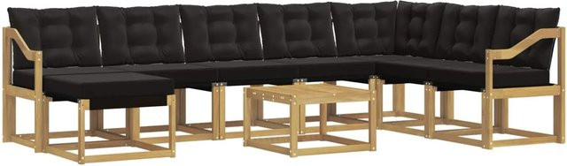 vidaXL Outdoor-Sofagarnitur 9-tlg. in L-Form mit Kissen und Couchtisch, Akazienholz und Textilene, Weiß und Schwarz - Bild 1