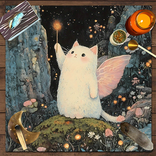 VIKAMA Tischdecke Magic Elf Tarot Design in Pink und Weiß mit Motiv einer geflügelten weißen Katze und Zauberstab für Kinderzimmer und Schlafzimmer - Bild 1