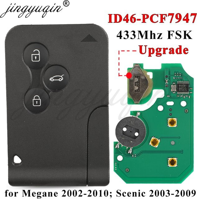 Jingyuqin Ersatzfernbedienung 433 MHz ID46 PCF7947 Chip mit 3 Tasten für Renault Megane 2 3 Scenic Clio 2003-2008 in Schwarz mit Upgrade-Design Notfallkarte - Bild 1