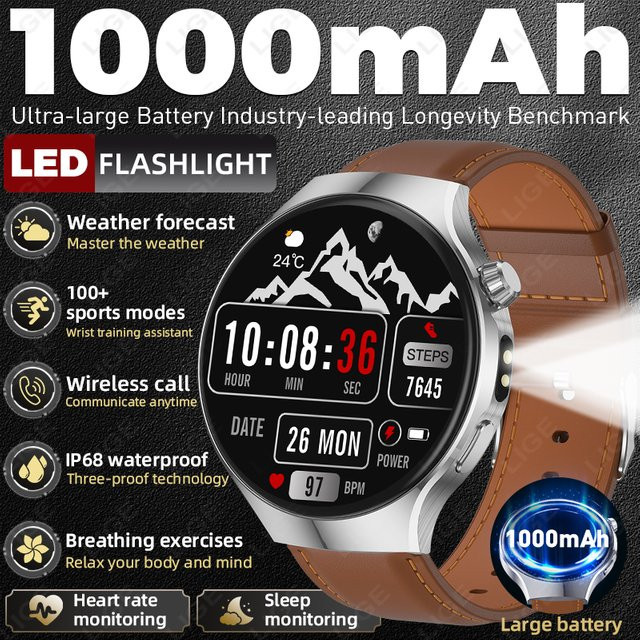 LIGE Smartwatch, 1,67 Zoll, Leder, Schwarz, Herren - Bild 1