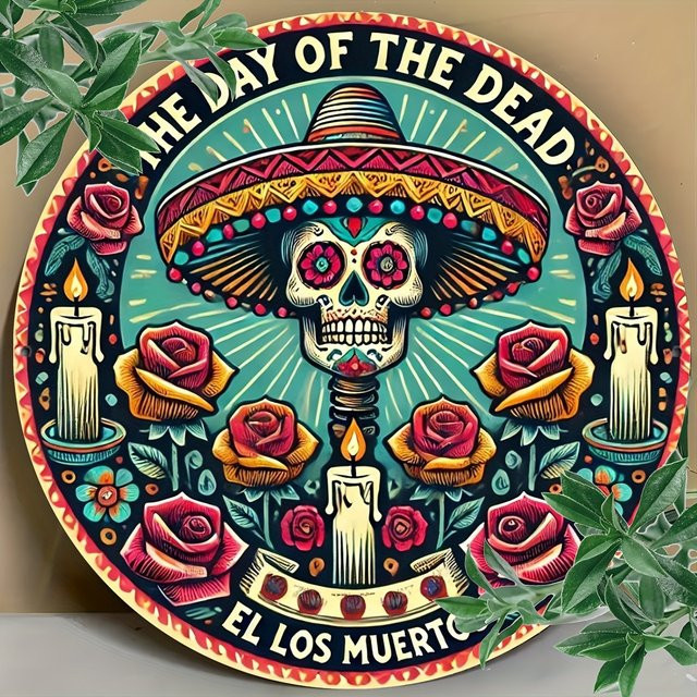 Potdemiel Dia de los Muertos Zuckerschädel-Kranzschild, runde Wanddekoration mit Blumen und Totenköpfen, Mehrfarbig, Durchmesser: 20,3 cm - Bild 1