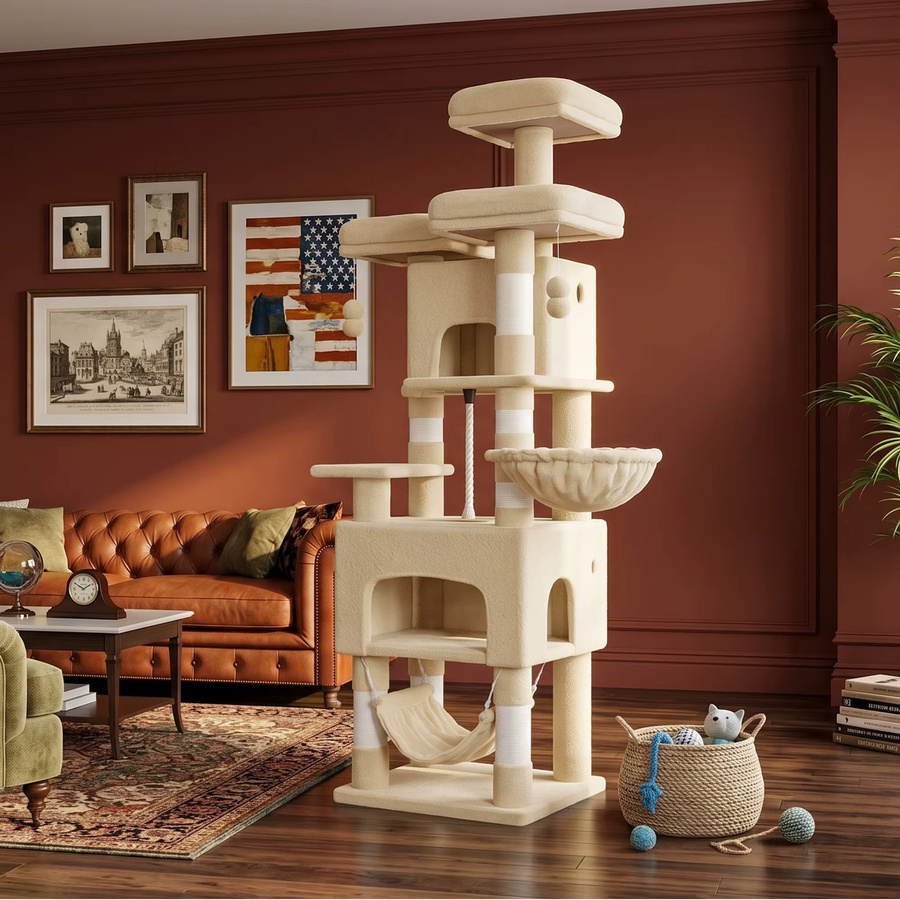 Hzuaneri Katzenbaum für Wohnungskatzen in Grau und Beige, 156 cm hoher Kratzbaum mit 3 Plattformen, 2 Höhlen, 7 Sisalpfosten, Hängematte und integriertem Spielzeug - Bild 4