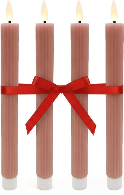 Relaxdays LED Stabkerzen 4er Set aus Echtwachs in Altrosa mit Rillen-Design, flackerndem Effekt und Timerfunktion, Höhe: 25 cm, Durchmesser: 2 cm - Bild 1