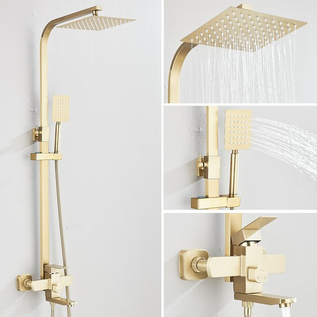 Quyanre 3 in 1 Duschsystem in Gold gebürstet mit Regendusche, Handbrause und schwenkbarem Auslauf - Bild 1