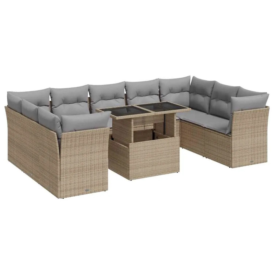 vidaXL 10-teilige Garten-Sofagarnitur in L-Form aus Poly-Rattan in Beige-Grau mit Kissen und Stauraum - Bild 2
