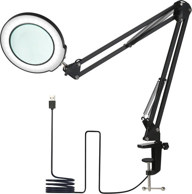 TOMTOP JMS Klemm-Tischlampe mit 5-facher Lupe, dimmbare LED Schreibtischleuchte mit Schwenkarm und Touch Control, Schwarz - Bild 1