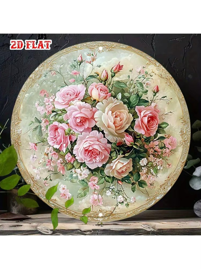 CIFBUY Vintage Rundes Metallschild mit rosa Rosen und Goldumrandung, Wandkunst mit floralem Design, Durchmesser: 20 cm - Bild 6