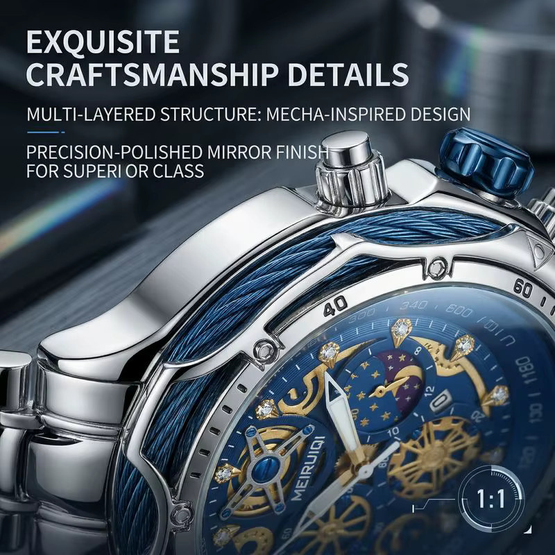 MEIRUIQI Armbanduhr Automatik, Edelstahl, blaues Zifferblatt, Herren - Bild 4
