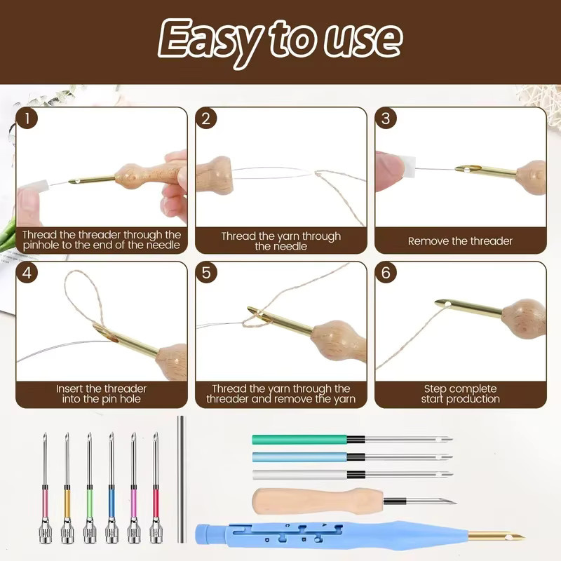 17-teiliges Punch-Needle-Stickerei-Set aus Holz mit buntem Garn und Nähwerkzeugen für DIY-Handarbeiten - Bild 2