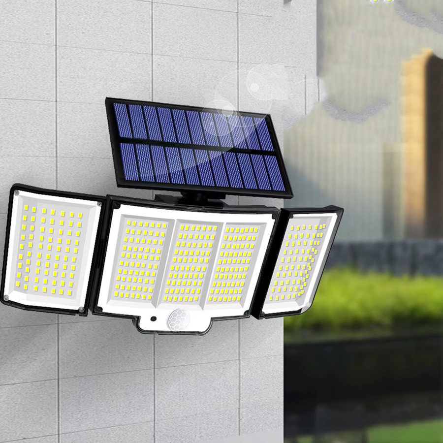 Solar-Außenleuchten mit 348 LEDs und Bewegungssensor, IP65 wasserdichte LED-Wandleuchte mit 3 Modi für Garten und Hof, schwarzes Solar-Flutlicht mit 3 Köpfen - Bild 8