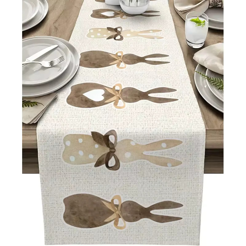 VIKAMA Rustikaler Oster-Tischläufer aus Leinen in Beige mit Hasen- und Herz-Print, Landhaus-Tischdecke für Küche und Esszimmer, B/H: 33 x 90 cm - Bild 2