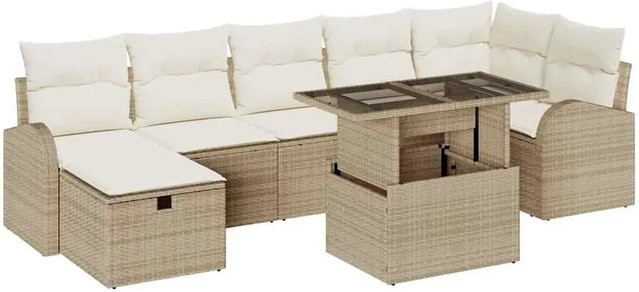 vidaXL Garten-Sofa-Set aus Polyrattan in Beige, 8-teiliges L-Shape Lounge-Set mit Kissen und integriertem Stauraum - Bild 1