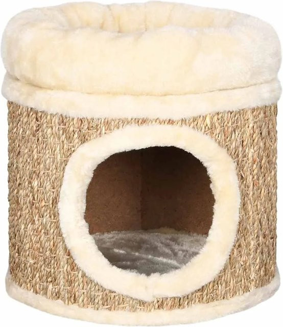 vidaXL Katzenhaus aus Seegras mit luxuriösem Plüsch-Katzenbett in Beige, B/T/H: 33 x 31 x 33 cm - Bild 1