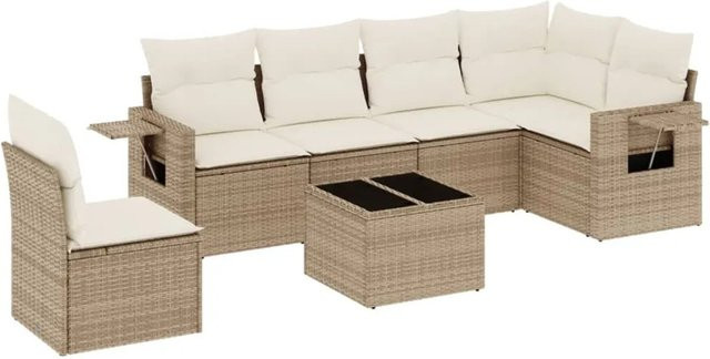 vidaXL 7-teilige Garten-Sofagarnitur in L-Form aus Polyrattan mit Kissen und Couchtisch in Beige - Bild 1