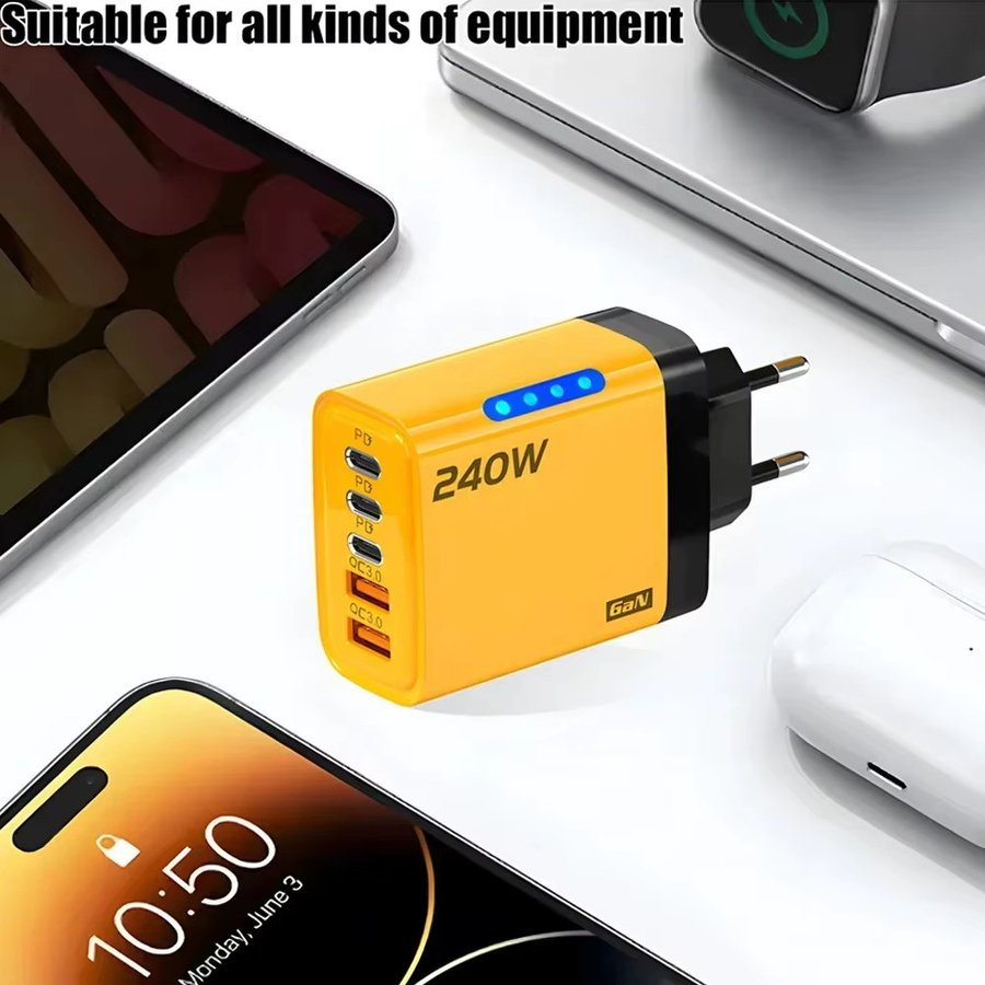 USB PD Schnellladegerät mit 5 Ports und 240 W Leistung, Typ C USB Schnellladeadapter in Gelb für iPhone 16, Samsung, Xiaomi und Huawei - Bild 2