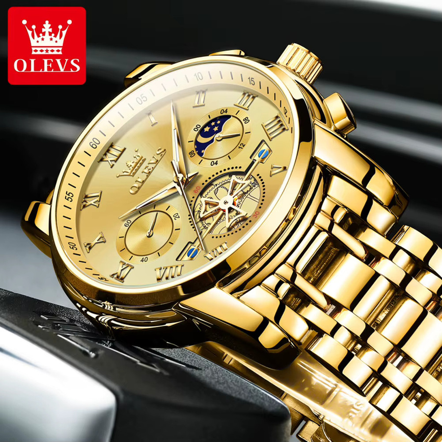 Olevs Armbanduhr Herren, Quarz, Edelstahl, Gold, Blau, Rund - Bild 4