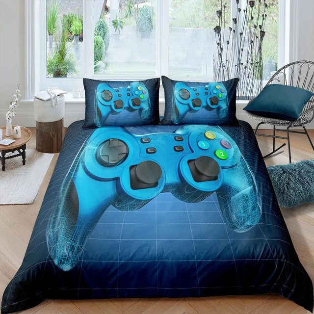 Your Warm Home Gamepad Bettwäscheset aus Polyester in Schwarz und Blau, 2-teilig mit Bettbezug 135 x 200 cm und Kissenbezügen 50 x 70 cm - Bild 1