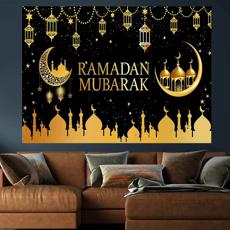 VIKAMA Ramadan Wandteppich in Schwarz-Gold mit Sternen und Mond als orientalische Dekoration für dein Wohnzimmer oder Sofa - Bild 2