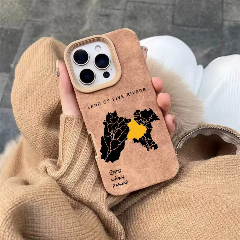 Handyhülle mit Punjab-Karte für Apple iPhone 16 15 14 13 12 11 Pro Max XR XS in Braun aus Kunstleder und Wildleder - Bild 2