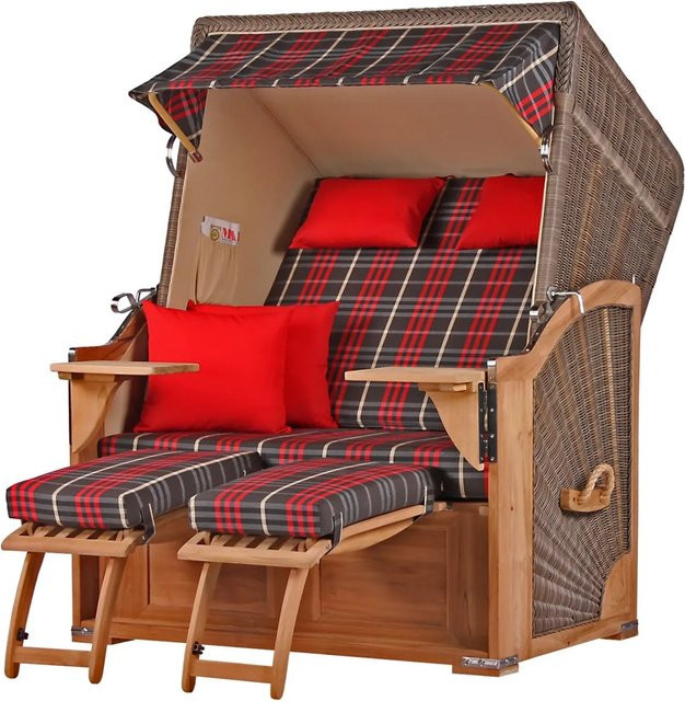 bene,iving Strandkorb Komplettset Schaalsee aus Teakholz und PE-Geflecht in Grau mit passender Abdeckung und Rollen, B/T/H: 170 x 125 x 80 cm - Bild 1