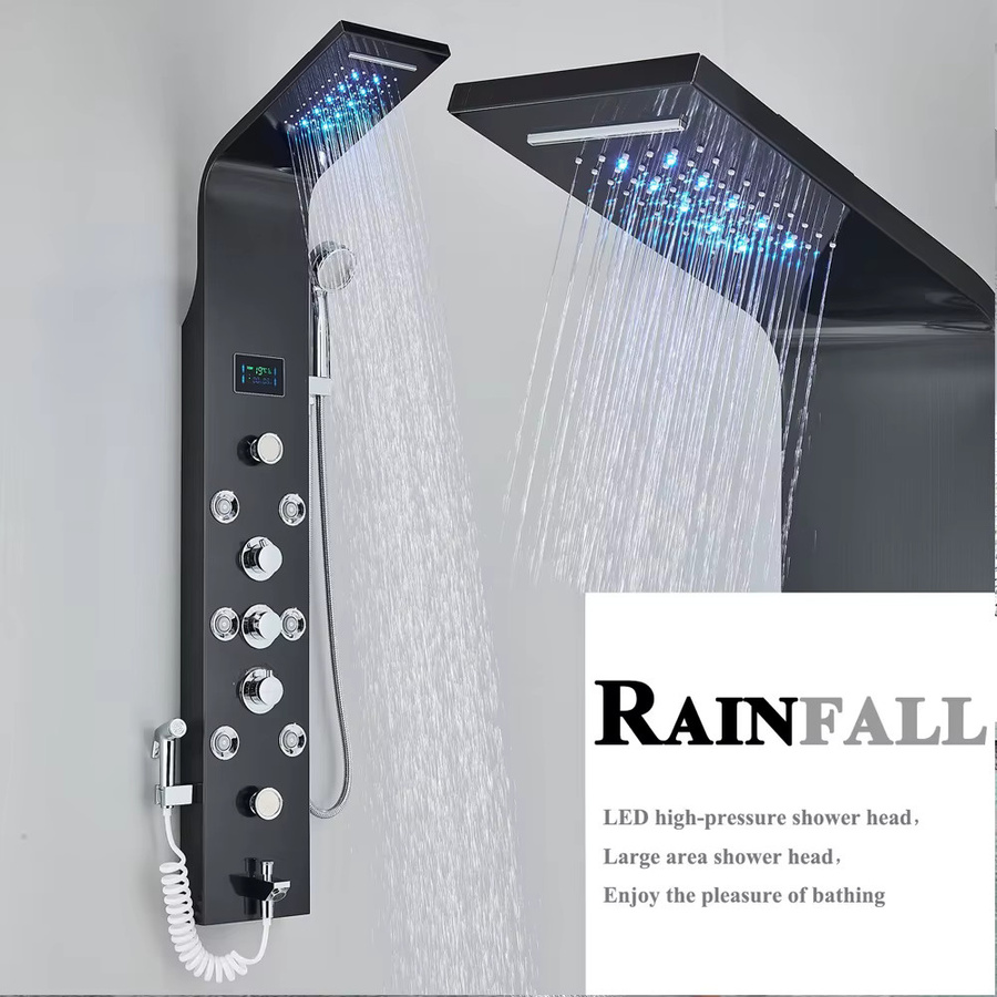 MYQualife LED Duschsystem in Matt Schwarz mit Regendusche, Massagefunktion, Wasserfall-Panel und Handbrause - Bild 2