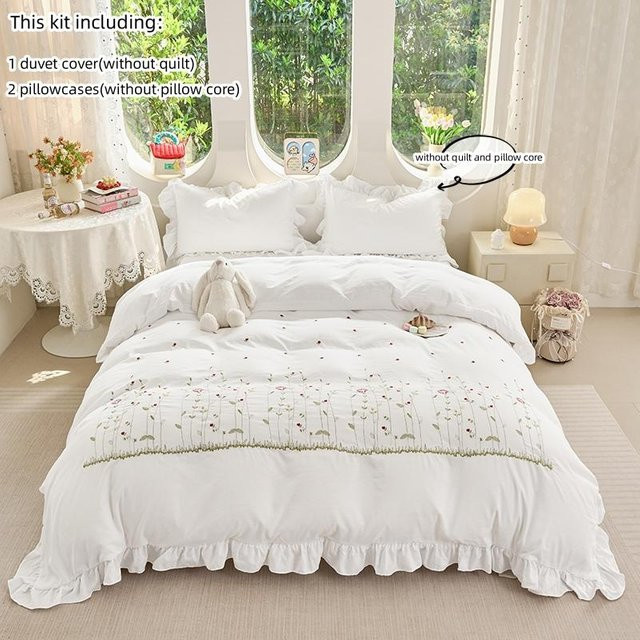 3-teiliges Bettwäsche-Set Bin Chi Textiles mit Blumenstickerei und Rüschen in Weiß, B/H: 200 x 200 cm - Bild 1