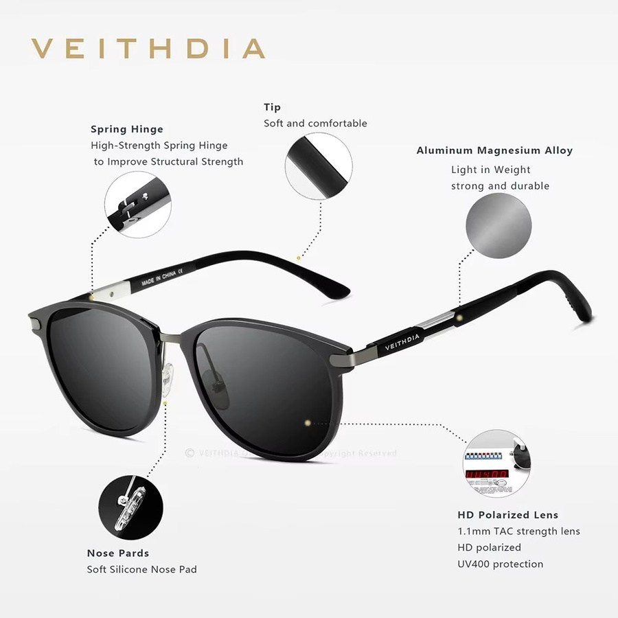 VEITHDIA FA06680 Sonnenbrille, Rund, Vollrand, Metall, Schwarz, Unisex - Bild 4