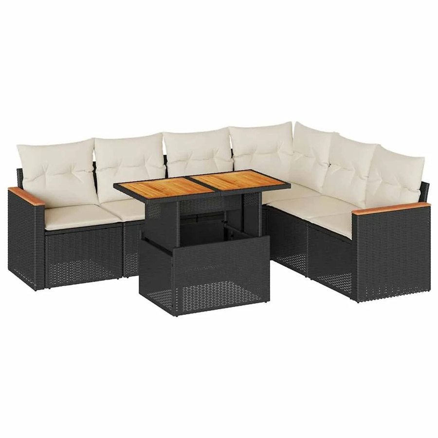 vidaXL 7-teilige Garten-Sofagarnitur in L-Form aus Poly-Rattan und Akazienholz mit Kissen in Schwarz-Creme - Bild 2