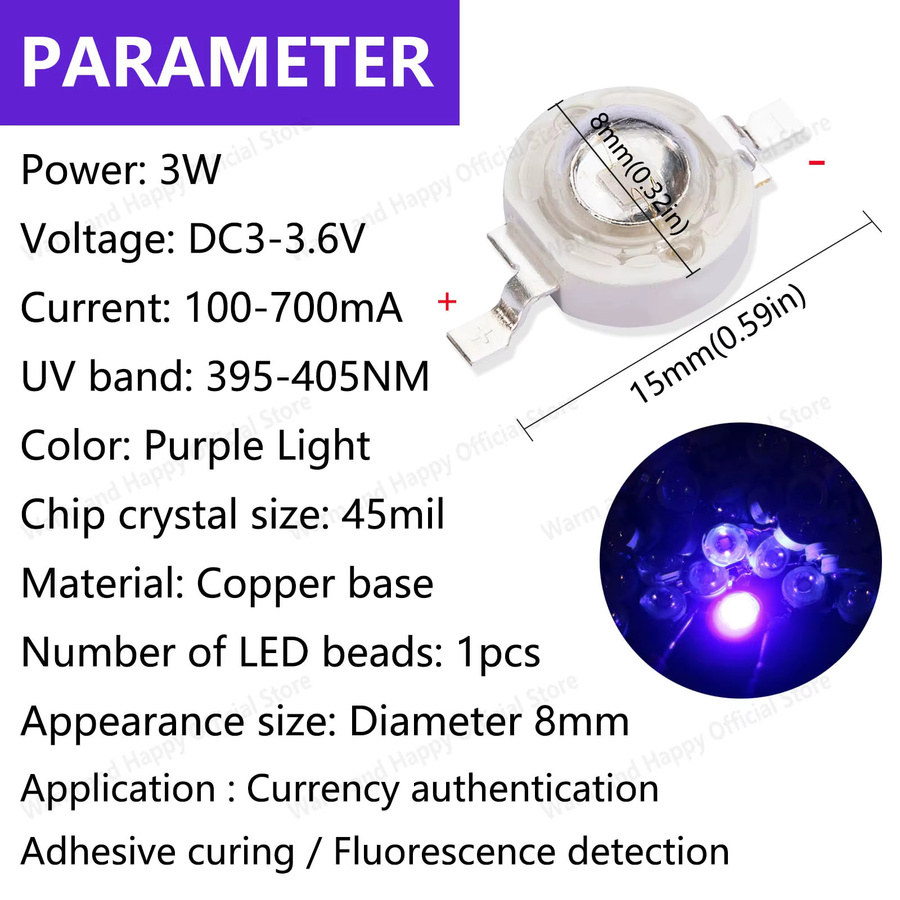 10 Stück LED-Chips 3W DC3-3,6V Lila Lichtperlen 395-405nm für Desinfektion und Erkennung mit Kupfer Bracket - Bild 2