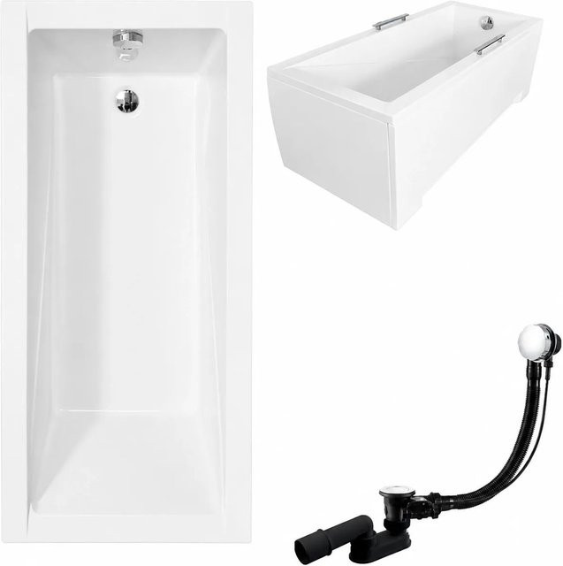 KOLMAN Badewanne rechteckig in Weiß mit Acrylschürze, Bambus-Badewannenablage, Ablauf und Füßen, B/T: 160 x 70 cm - Bild 1