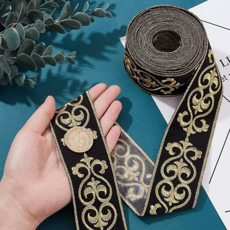 Jacquardband mit Blumenbesatz in Schwarz-Gold, 4 Yards, heiß klebender bestickter Spitzenbesatz mit Stofffransen - Bild 3