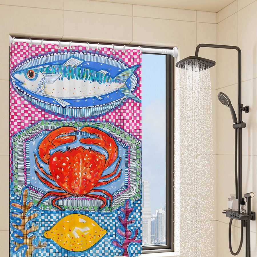 Wasserdichter Duschvorhang mit Fisch- und Anime-Motiv in Multicolour, B/H: 90 x 180 cm - Bild 1