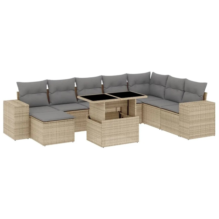 vidaXL 9-tlg Garten-Sofagarnitur in L-Form aus beige farbenem Poly-Rattan mit wetterfesten Kissen und pulverbeschichtetem Stahlgestell - Bild 2