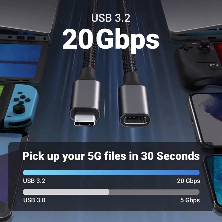 LIEI USB-C Verlängerungskabel 20Gbps 240W USB 3.2 in Schwarz für 4K@120Hz Videoübertragung mit Stecker auf Buchse für MacBook, iPhone, PlayStation und Nintendo Switch - Bild 3