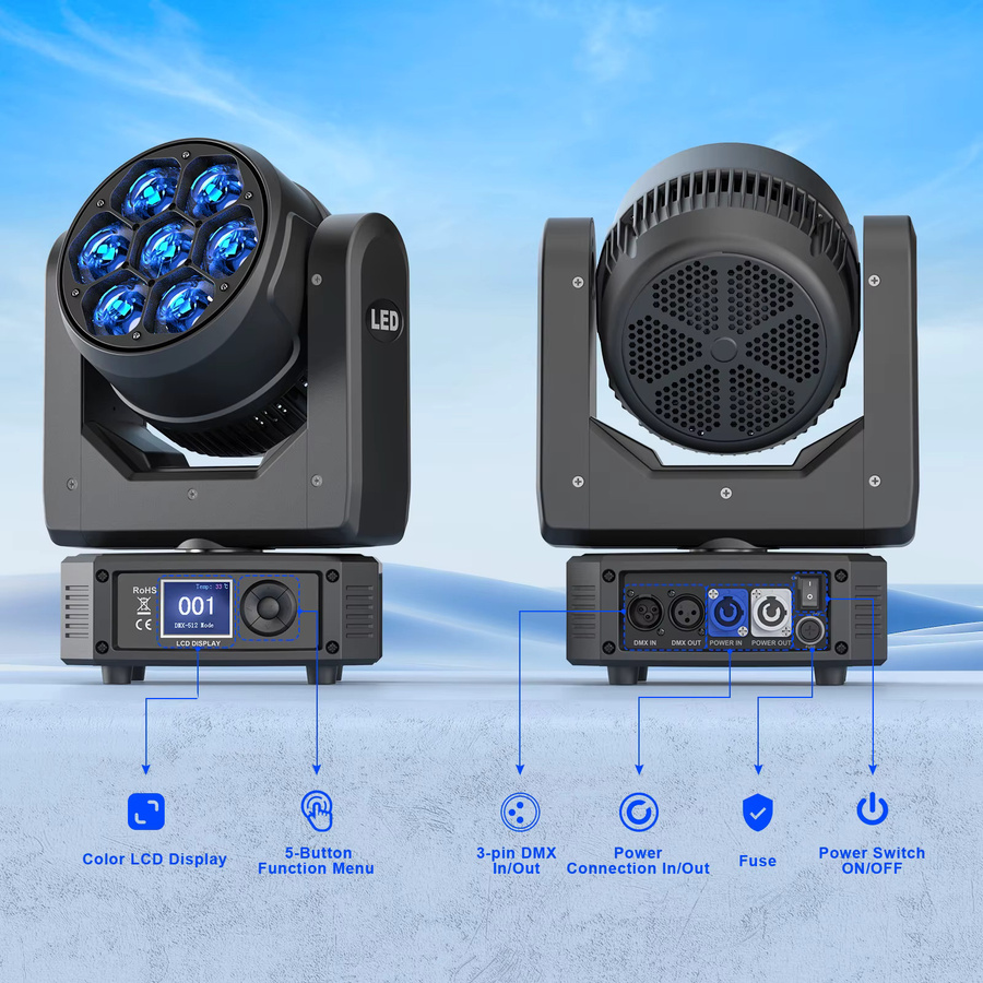 Yiflamefly 2er-Set Bee-Eye Moving Head Lights mit 350W und 7x50W RGBW LEDs in Schwarz inklusive Koffer - Bild 4
