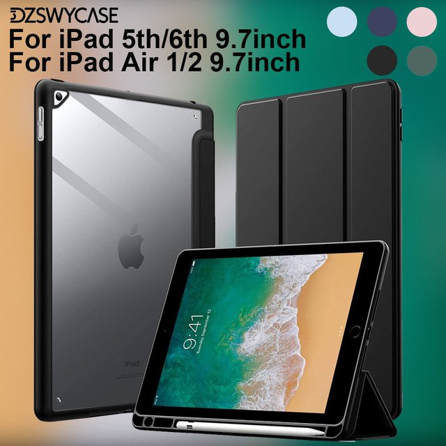 DZSWYCASE Schutzhülle für iPad 5. und 6. Generation sowie iPad Air 1 und 2 (9,7 Zoll) mit Stifthalter und transparenter Rückseite, Auto-Wake/Sleep-Funktion - Bild 1