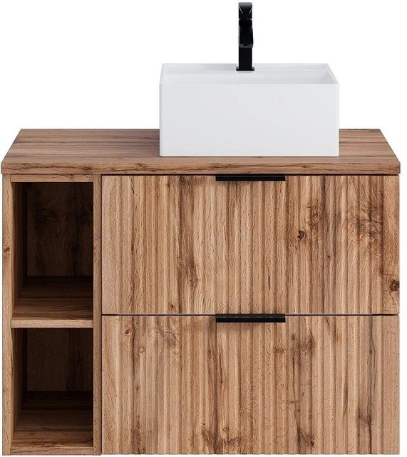 Vente-unique Einzelwaschtisch Zevara in Naturfarben Hell mit Streifenoptik, Braun, Breite: 80 cm - Bild 1