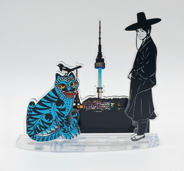 Seonbi, Blauer Tiger mit Elster, N-Turm Acrylständer, schwarz, blau - Bild 1