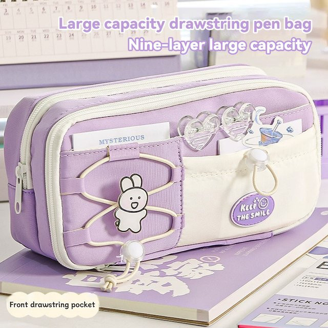 Kawaii Federmäppchen mit doppeltem Kordelzug in Blau und Lila, kreatives Design mit großem Fassungsvermögen - Bild 1