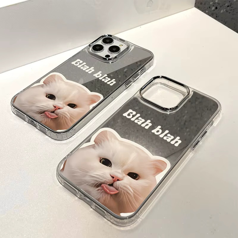 Apple iPhone Schutzhülle mit Make-up Spiegel und weißem Katzen-Design - Bild 3