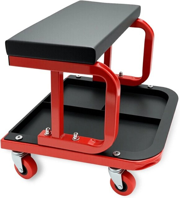 Relaxdays Werkstatthocker aus Stahl und Kunstleder in Schwarz-Rot mit Ablage und Rollen, B/T/H: 37 x 36,5 x 38 cm - Bild 1