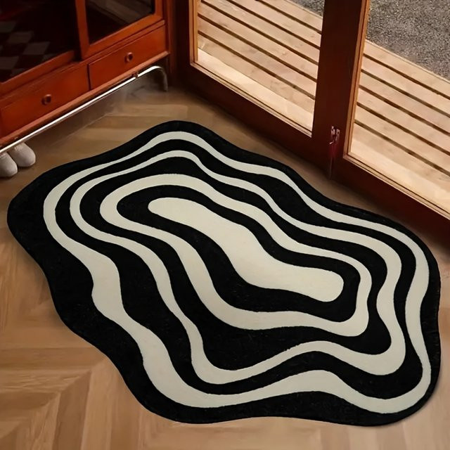 VIKAMA Flanell-Teppich in Schwarz-Weiß, abstrakte Wellenform im Y2K-Design, rutschfest und waschbar, B/T: 80 x 50 cm - Bild 1