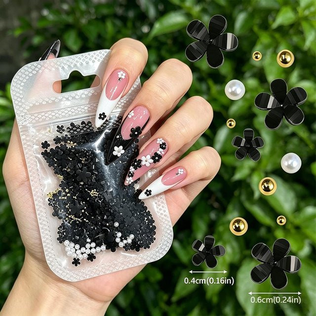 MAFANAILS Nagelanhänger, schwarze Blumen und goldene Perlen, Damen, glänzend - Bild 1
