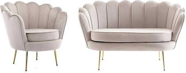 Vente-unique Couchgarnitur Dandelion mit 2-Sitzer-Sofa und Sessel aus Samt in Taupe, Breite: 124 cm, Tiefe: 78 cm - Bild 1